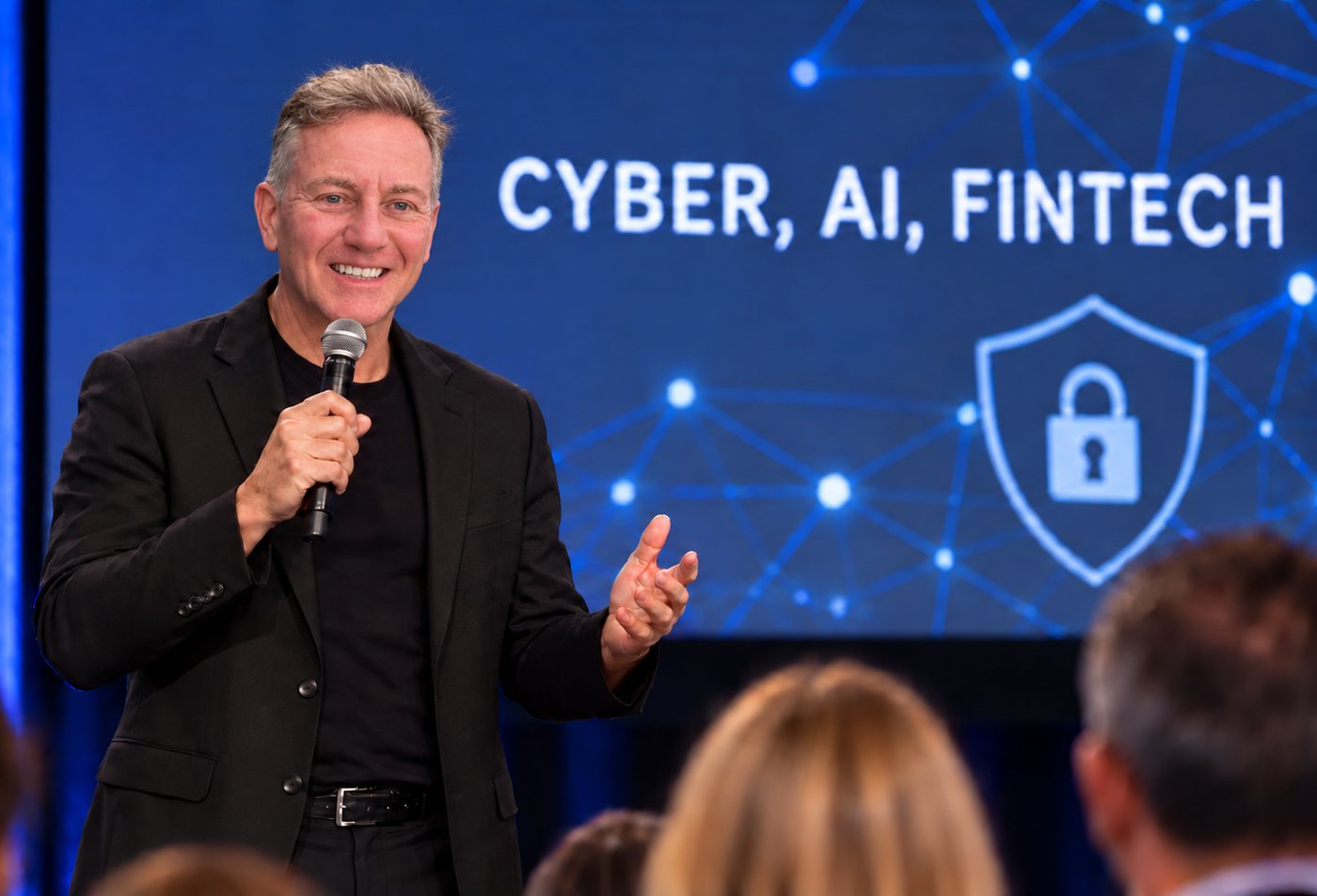 Steve Dodsworth speaking on stage about cyber, AI and fintech